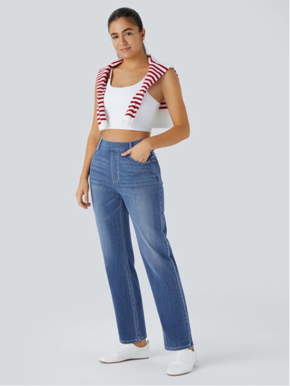 UEC HALARA FLEX PULL ON Straight-Leg BLUE Jeans POCKETS SZ MED